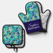 Modern Blue Geometric Personalized Ofenhandschuh & Topflappen-Set (Vorderseite/Rückseite)