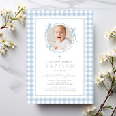 Modern Blue Gingham Bow Photo Boy Baptism Einladung