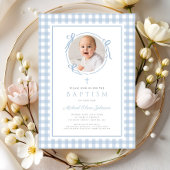 Modern Blue Gingham Bow Photo Boy Baptism Einladung