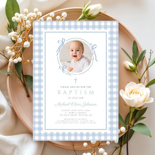 Modern Blue Gingham Bow Photo Boy Baptism Einladung