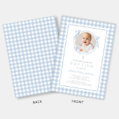 Modern Blue Gingham Bow Photo Boy Baptism Einladung