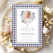 Modern Blue Gingham Photo Boy Baptism Einladung