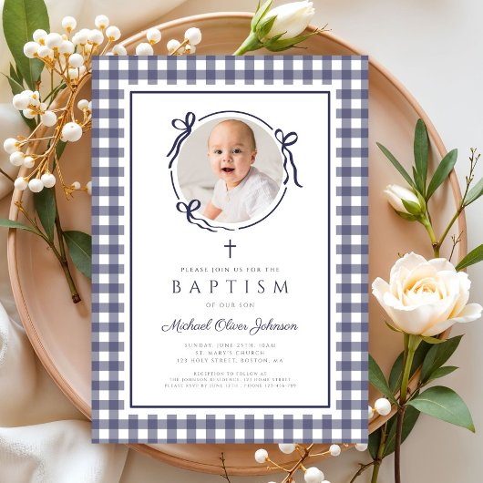 Modern Blue Gingham Photo Boy Baptism Einladung