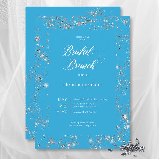 Modern Blue Glam Diamond Frame Bridal Brunch Einladung