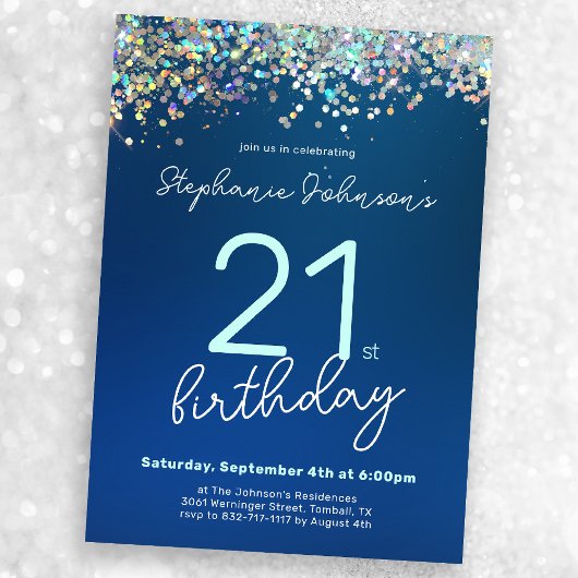 Modern Blue Glitzer 21. Geburtstag Party Einladung
