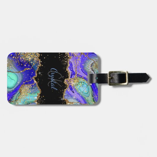 Modern Blue Glitzer Agate Gepäckanhänger (Vorderseite horizontal)