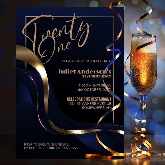 Modern Blue Gold 21. Geburtstag Party Einladung