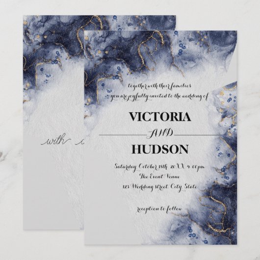 Modern Blue Gold Agate Marble Einladung (Vorne/Hinten)