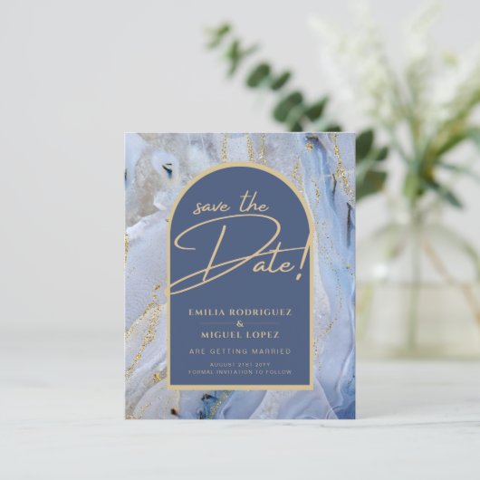 Modern Blue Gold Agate Marmorarsch Hochzeit (Stehend Vorderseite)