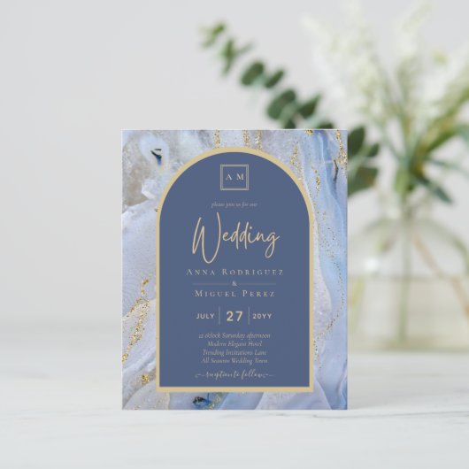 Modern Blue Gold Agate Marmorarsch Hochzeit (Stehend Vorderseite)