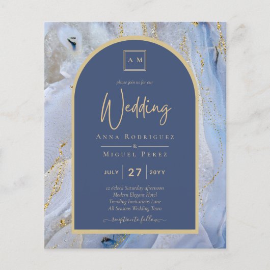 Modern Blue Gold Agate Marmorarsch Hochzeit (Vorderseite)