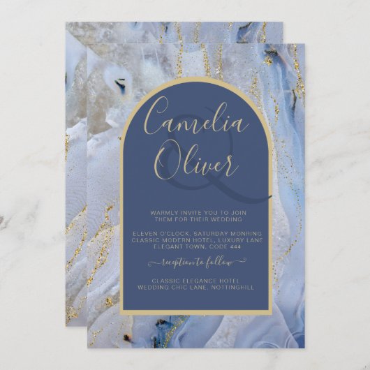 Modern Blue Gold Agate Marmorarsch Hochzeit Einladung (Vorne/Hinten)