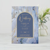 Modern Blue Gold Agate Marmorarsch Hochzeit Einladung (Stehend Vorderseite)