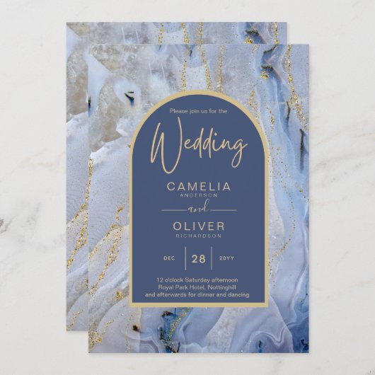 Modern Blue Gold Agate Marmorarsch Hochzeit Einladung (Vorne/Hinten)