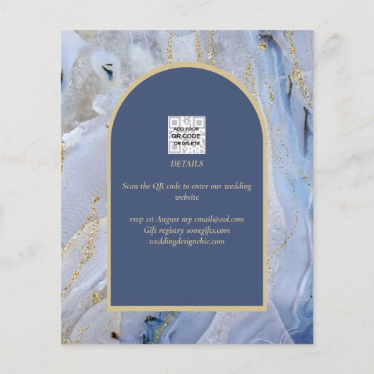 Modern Blue Gold Agate Marmorarsch Hochzeit Flyer (Hinten)