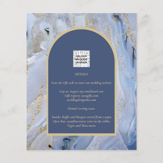 Modern Blue Gold Agate Marmorarsch Hochzeit Flyer (Hinten)
