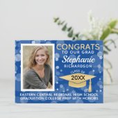 Modern Blue Gold Bokeh Bubbles Foto Abschluss Einladung (Stehend Vorderseite)