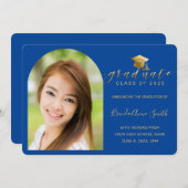 Modern Blue Gold Cap Script Arch Foto Abschluss Ankündigung (Vorne/Hinten)