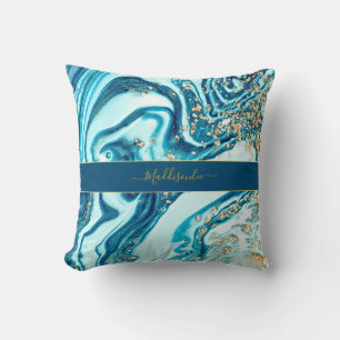 Modern Blue Gold Chic Marble Agate Monogram Name Kissen