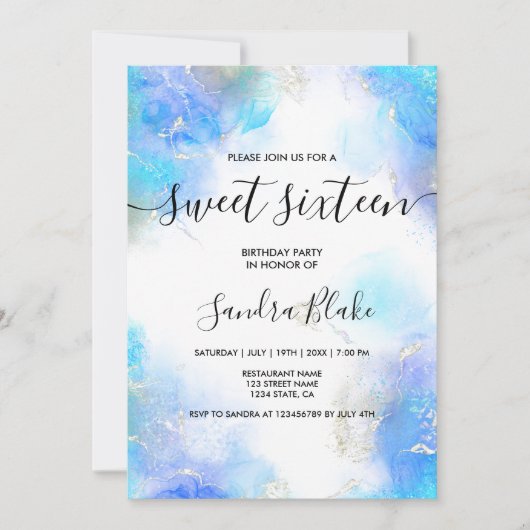 Modern Blue Gold Girly Trendy Sweet 16 Einladung (Vorderseite)