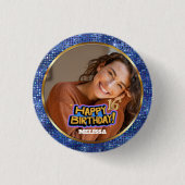 Modern Blue & Gold Glitter Photo 16th Birthday Button (Vorderseite)