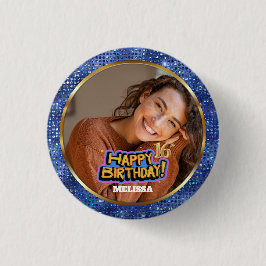 Modern Blue & Gold Glitter Photo 16th Birthday Button
