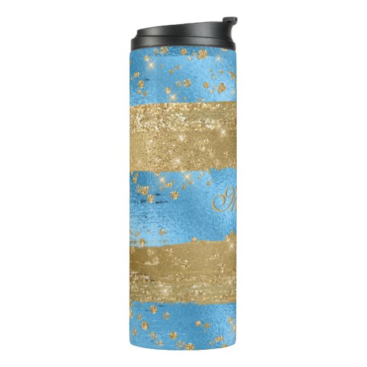 Modern Blue Gold Glitzer Script Name Thermosbecher (Nach links gedreht)