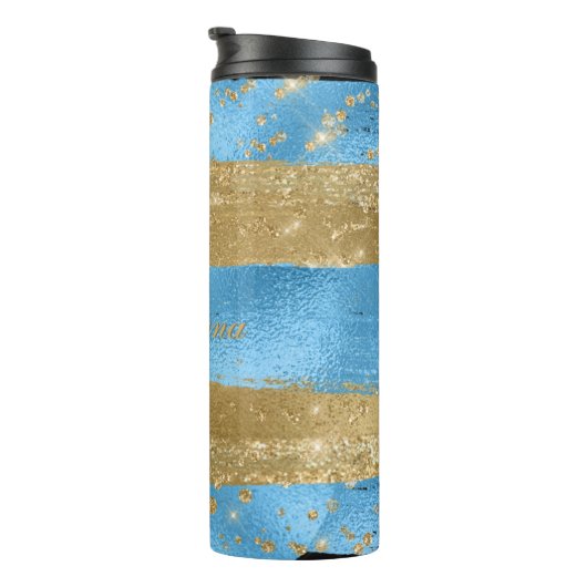 Modern Blue Gold Glitzer Script Name Thermosbecher (Nach rechts gedreht)