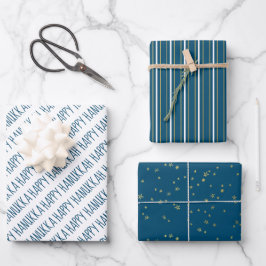 Modern Blue & Gold Happy Hanukah Stars Geschenkpapier Set