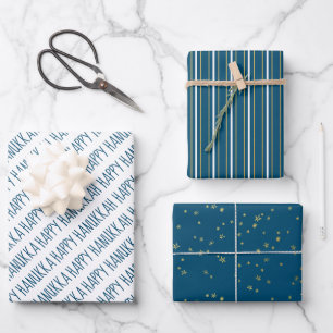 Modern Blue & Gold Happy Hanukah Stars Geschenkpapier Set