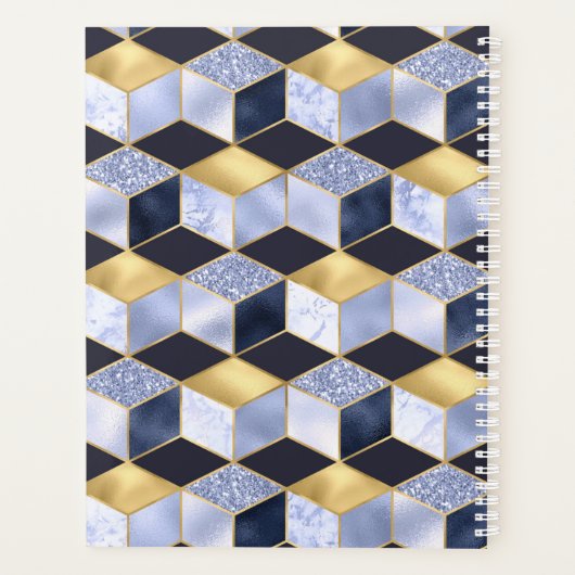 Modern Blue Gold Marble Glitzer Geometric Monogram Planer (Rückseite)