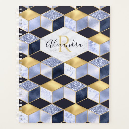 Modern Blue Gold Marble Glitzer Geometric Monogram Planer (Vorderseite)
