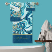 Modern Blue Gold Marmor Ocean Monogram Name Bath Badhandtuch Set