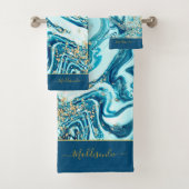 Modern Blue Gold Marmor Ocean Monogram Name Bath Badhandtuch Set (Insitu)