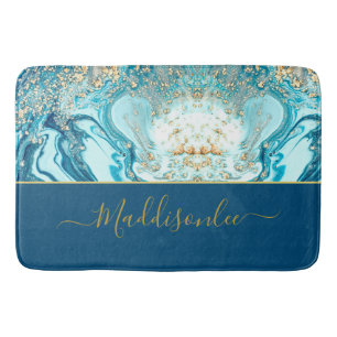 Modern Blue Gold Marmor Ocean Wasserfarbe Name Badematte