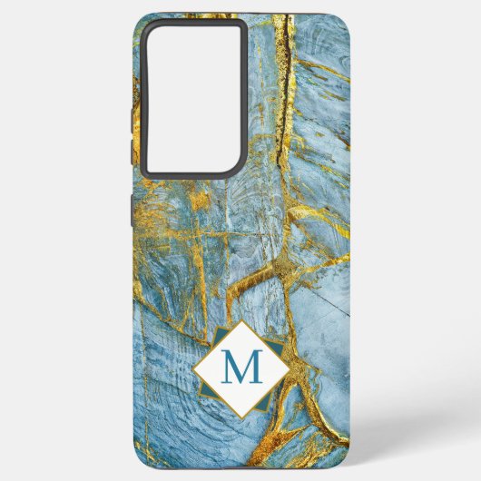 Modern Blue Gold Marmor texturiert Monogram Samsung Galaxy Hülle (Rückseite)