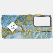 Modern Blue Gold Marmor texturiert Monogram Samsung Galaxy Hülle (Linke Seite)