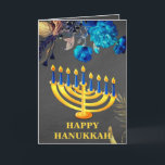Modern Blue & Gold Menorah Happy Hanukkah Feiertagskarte<br><div class="desc">Die moderne Blue & Gold Menorah Happy Hanukkah Holiday Card mit Chalkboard Hintergrund blau & gold Rose & Hanukkah Kerzen.Das Innere der Karte hat eine persönliche Message Template.Bitte klicken Sie auf Personalisieren Button,  um es mit Ihrem eigenen Text zu personalisieren.</div>