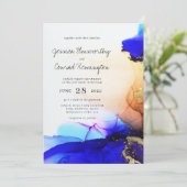 Modern Blue Gold Orange Alcohol Ink Wedding Einladung (Stehend Vorderseite)