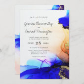Modern Blue Gold Orange Alcohol Ink Wedding Einladung (Vorne/Hinten)