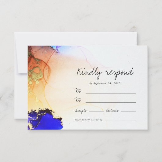 Modern Blue Gold Orange Alcohol Ink Wedding RSVP Karte (Vorderseite)