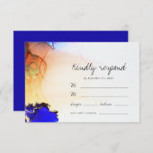 Modern Blue Gold Orange Alcohol Ink Wedding RSVP Karte (Vorne/Hinten)