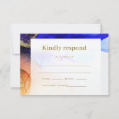 Modern Blue Gold Orange Wedding RSVP Karte (Vorderseite)