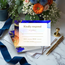 Modern Blue Gold Orange Wedding RSVP Karte