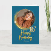 Modern Blue & Gold Photo Name 16th Birthday Karte (Vorderseite)