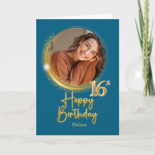 Modern Blue & Gold Photo Name 16th Birthday Karte (Vorderseite)