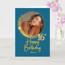 Modern Blue & Gold Photo Name 16th Birthday Karte