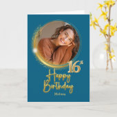 Modern Blue & Gold Photo Name 16th Birthday Karte (Gelbe Blume)