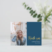 Modern Blue Gold Script Foto Abschluss Vielen Dank Postkarte (Stehend Vorderseite)