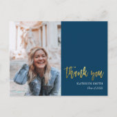 Modern Blue Gold Script Foto Abschluss Vielen Dank Postkarte (Vorderseite)